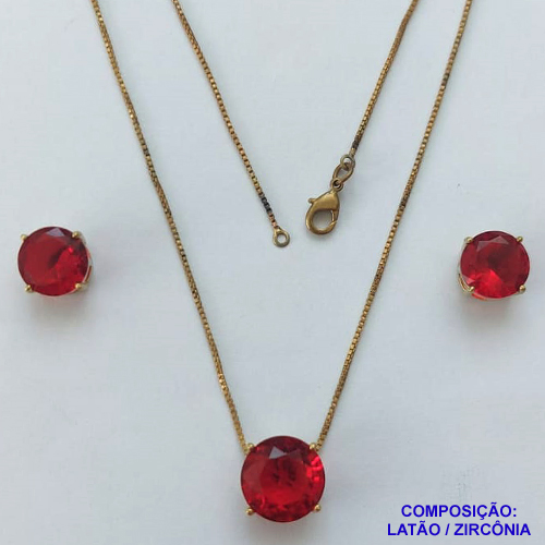 CONJUNTO NO BRUTO PRONTO PARA O BANHO - CONJUNTO ALTA FUSÃO COM BRINCOS DE PINO 10X10MM E PINGENTE COM PEDRA EM ZIRCÔNIA 12X12MM VERMELHO - PESO TOTAL 5,8GR - BRU14913