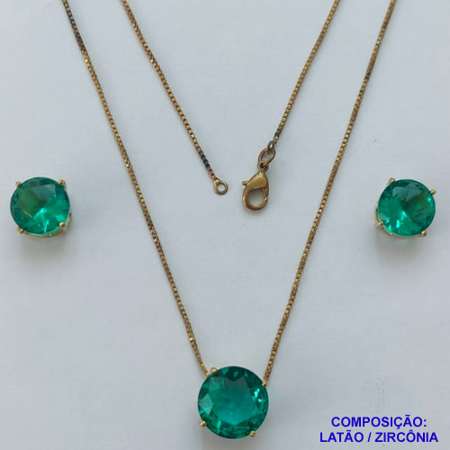 CONJUNTO NO BRUTO PRONTO PARA O BANHO - CONJUNTO ALTA FUSÃO COM BRINCOS DE PINO 10X10MM E PINGENTE COM PEDRA EM ZIRCÔNIA 12X12MM VERDE - PESO TOTAL 5,8GR - BRU14915