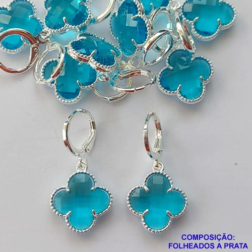 BRINCO FOLHEADO A PRATA COM 50 MILÉSIMOS + VERNIZ DIAMOND - BRINCO ARGOLINHA DE PRESSÃO (TRANQUETA)  VAN CLEEF AZUL VIDRO 12MM PRA393