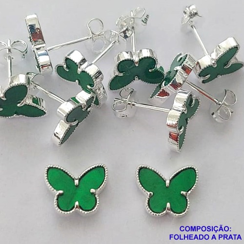 BRINCO FOLHEADO A PRATA COM 50 MILÉSIMOS + VERNIZ DIAMOND - BRINCO ARGOLINHA DE PRESSÃO (TRANQUETA)  VAN CLEEF BORBOLETA VERDE 10MM PRA394