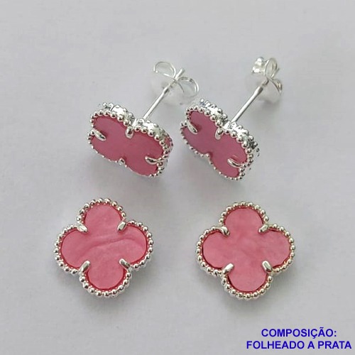 BRINCO FOLHEADO A PRATA COM 50 MILÉSIMOS + VERNIZ DIAMOND - BRINCO DE PINO VAN CLEFF ROSA RESINA 10MM PRA398