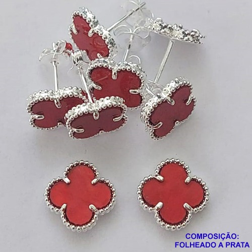 BRINCO FOLHEADO A PRATA COM 50 MILÉSIMOS + VERNIZ DIAMOND - BRINCO DE PINO VAN CLEFF VERMELHO RESINA 10MM PRA399
