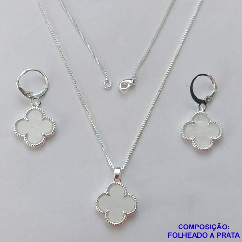 CONJUNTO FOLHEADO A PRATA COM 50 MILÉSIMOS  + VERNIZ DIAMOND CORRENTE VENEZIANA 45CM PINGENTE VANM CLEEF MADRE ´PÉROLA 12MM E  BRINCOS COM ARGOLA DE PRESSÃO VAN CLEEF MADRE PÉROLA 12MM PRA401