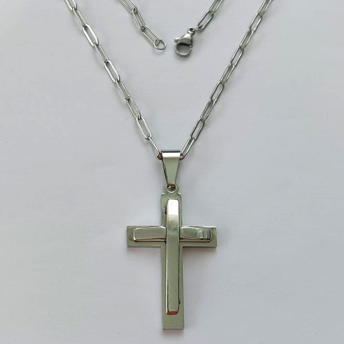 GARGANTILHA EM AÇO INOXIDÁVEL - (12753)  (CX.123)  GARGANTILHA COM CORRENTE 60CM E PINGENTE CRUCIFIXO DUPLO 18X36MM - COMPOSIÇÃO: AÇO INOXIDÁVEL - AÇO1980