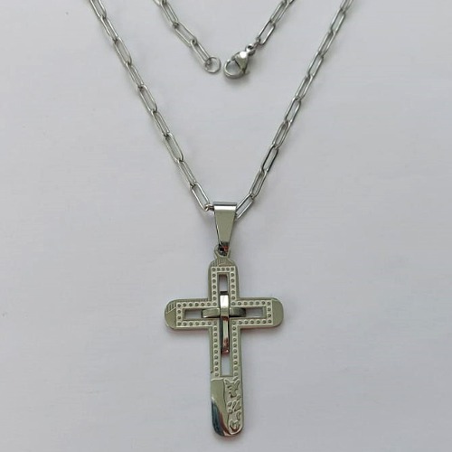GARGANTILHA EM AÇO INOXIDÁVEL - (12753)  (CX.123)  GARGANTILHA COM CORRENTE 60CM E PINGENTE CRUCIFIXO DUPLO VAZADO E DESENHADO 20X37MM - COMPOSIÇÃO: AÇO INOXIDÁVEL - AÇO1981