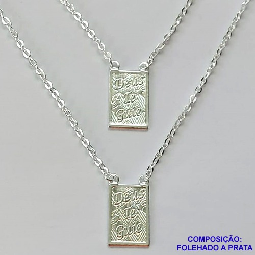 ESCAPULÁRIO FOLHEADO A PRATA COM 50 MILÉSIMOS + VERNIZ DIAMOND - ESCAPULÁRIO 60CM COM PINGENTES DEUS TE GUIE 12X18MM - PRA403