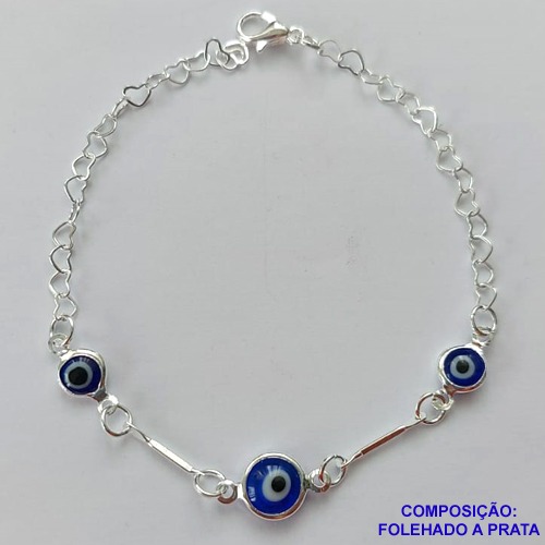 PULSEIRA FOLHEADA A PRATA COM 50 MILÉSIMOS + VERNIZ DIAMOND - PULSEIRA COM OLHOS GREGOS - TAMANHO: 18CM E  FECHO LAGOSTA PRA405