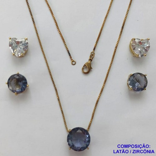CONJUNTO NO BRUTO PRONTO PARA O BANHO - CONJUNTO ALTA FUSÃO COM 2 PARES DE BRINCOS DE PINO 10X10MM E PINGENTE COM PEDRA EM ZIRCÔNIA 12X12MM LILÁS - PESO TOTAL 5,8GR - BRU14924