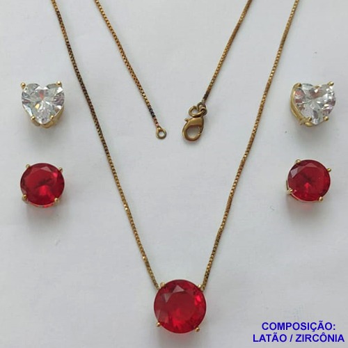 CONJUNTO NO BRUTO PRONTO PARA O BANHO - CONJUNTO ALTA FUSÃO COM 2 PARES DE BRINCOS DE PINO 10X10MM E PINGENTE COM PEDRA EM ZIRCÔNIA 12X12MM VERMELHA  - PESO TOTAL 5,8GR - BRU14925