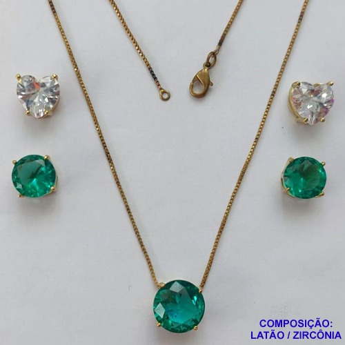 CONJUNTO NO BRUTO PRONTO PARA O BANHO - CONJUNTO ALTA FUSÃO COM 2 PARES DE BRINCOS DE PINO 10X10MM E PINGENTE COM PEDRA EM ZIRCÔNIA 12X12MM VERDE  - PESO TOTAL 5,8GR - BRU14926