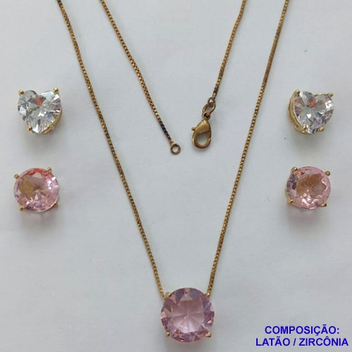 CONJUNTO NO BRUTO PRONTO PARA O BANHO - CONJUNTO ALTA FUSÃO COM 2 PARES DE BRINCOS DE PINO 10X10MM E PINGENTE COM PEDRA EM ZIRCÔNIA 12X12MM ROSA  - PESO TOTAL 5,8GR - BRU14927