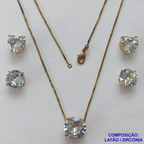 CONJUNTO NO BRUTO PRONTO PARA O BANHO - CONJUNTO ALTA FUSÃO COM 2 PARES DE BRINCOS DE PINO 10X10MM E PINGENTE COM PEDRA EM ZIRCÔNIA 12X12MM CRISTAL  - PESO TOTAL 5,8GR - BRU14928