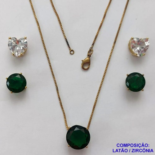 CONJUNTO NO BRUTO PRONTO PARA O BANHO - CONJUNTO ALTA FUSÃO COM 2 PARES DE BRINCOS DE PINO 10X10MM E PINGENTE COM PEDRA EM ZIRCÔNIA 12X12MM VERDE ESCURA  - PESO TOTAL 5,8GR - BRU14929