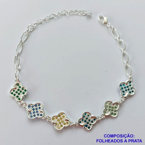 PULSEIRA FOLHEADA A PRATA COM 50 MILÉSIMOS + VERNIZ DIAMOND - PULSEIRA VAN CLEE00F COLORIDAS - TAMANHO: 18CM E  FECHO LAGOSTA PRA410
