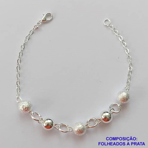 PULSEIRA FOLHEADA A PRATA COM 50 MILÉSIMOS + VERNIZ DIAMOND - PULSEIRA BOLINHAS LISAS E BRILHANTES - TAMANHO: 18CM E  FECHO LAGOSTA PRA411