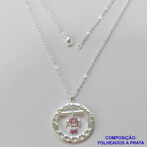 GARGANTILHA FOLHEADO A PRATA COM 50 MILÉSIMOS + VERNIZ DIAMOND - GARGANTILHA CORRENTE CADEADO 45CM PINGENTE MENINA AMO MEU FILHO 31MM + FECHO LAGOSTA - PRA413