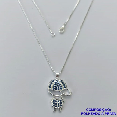 GARGANTILHA FOLHEADO A PRATA COM 50 MILÉSIMOS + VERNIZ DIAMOND - GARGANTILHA CORRENTE CADEADO 45CM PINGENTE MENINO COM MICRO ZIRCÔNIAS 19MM + FECHO LAGOSTA - PRA414