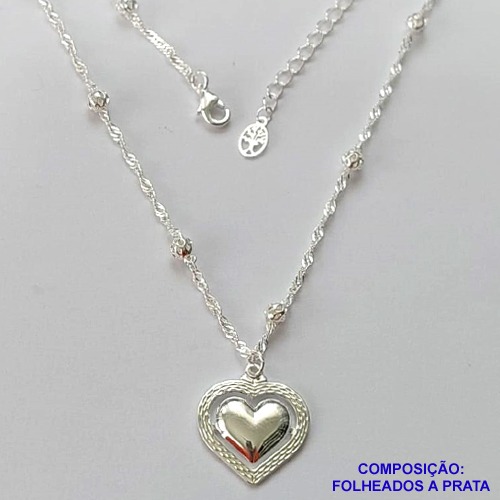 GARGANTILHA FOLHEADO A PRATA COM 50 MILÉSIMOS + VERNIZ DIAMOND - GARGANTILHA CORRENTE BOLINHAS SINGAPURA 40CM PINGENTE CORAÇÃO 17MM + FECHO LAGOSTA - PRA415