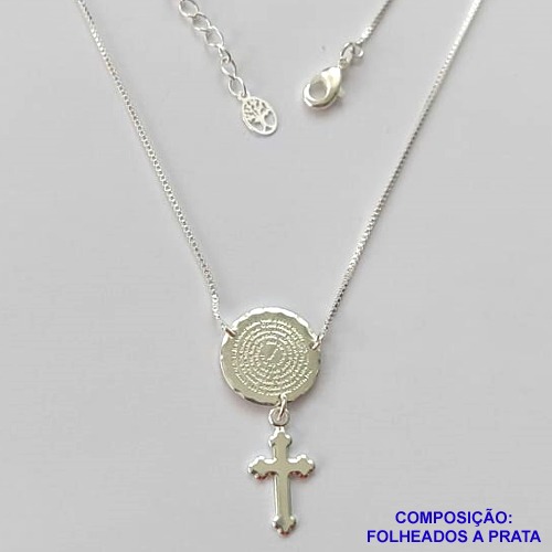 GARGANTILHA FOLHEADO A PRATA COM 50 MILÉSIMOS + VERNIZ DIAMOND - GARGANTILHA CORRENTE VENEZIANA 40CM PINGENTE ORAÇÃO PAI NOSSO MAIS CRUCIFIXO 14MM + FECHO LAGOSTA - PRA416