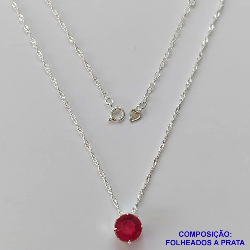GARGANTILHA FOLHEADO A PRATA COM 50 MILÉSIMOS + VERNIZ DIAMOND - GARGANTILHA CORRENTE SINGAPURA 40CM PINGENTE RESINA ROSA 9MM + EXTENSOR - PRA417