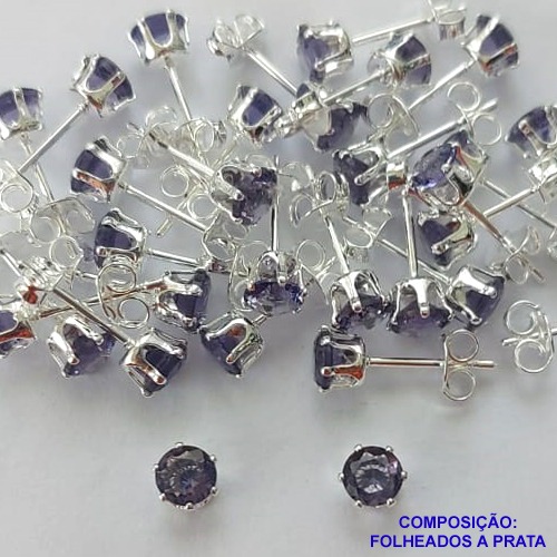 BRINCO FOLHEADA A PRATA COM 50 MILÉSIMOS + VERNIZ DIAMOND - BRINCO DE PINO ZIRCÔNIA LILÁS 5MM PRA420