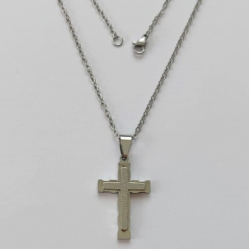 GARGANTILHA EM AÇO INOXIDÁVEL - (03) -  (CX.37) GARGANTILHA COM CORRENTE 50CM E PINGENTE CRUCIFIXO DUPLO E DESENHADO 18X30MM - COMPOSIÇÃO: AÇO INOXIDÁVEL - AÇO1983