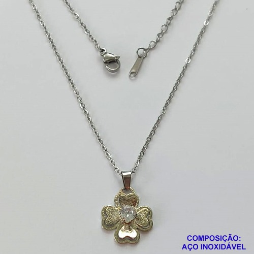 GARGANTILHA EM AÇO INOXIDÁVEL  - (CX.37)  GARGANTILHA COM CORRENTE CADEADO 40CM E PINGENTE TREVO COM ZIRCÔNIA 16MM + EXTENSOR - COMPOSIÇÃO: AÇO INOXIDÁVEL - AÇO1989