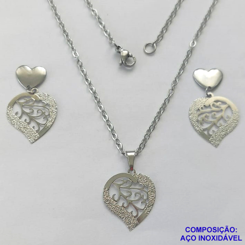 CONJUNTO EM AÇO INOXIDÁVEL - CONJUNTO EM AÇO INOXIDÁVEL CORRENTE 50CM (AÇO03) BRINCO DE PINO BASE CORAÇÃO E PINGENTE CORAÇÕES DETALHES VAZADOS 19MM - COMPOSIÇÃO: AÇO INOXIDÁVEL -  AÇO1995