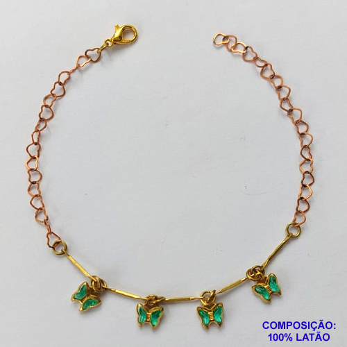 PULSEIRA NO BRUTO PRONTO PARA O BANHO - (CX.15)  PULSEIRA 18CM COM BORBOLETAS VERDES - COMPOSIÇÃO: 100% LATÃO - PESO TOTAL 2GR - BRU14953