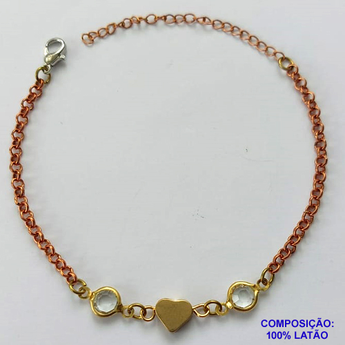 PULSEIRA NO BRUTO PRONTO PARA O BANHO - (CX.15)  PULSEIRA 18CM COM CORAÇÃO E CRISTAIS - COMPOSIÇÃO: 100% LATÃO - PESO TOTAL 2,4GR - BRU14955