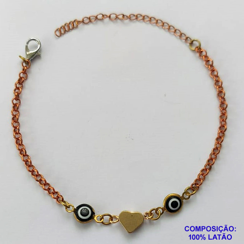 PULSEIRA NO BRUTO PRONTO PARA O BANHO - (CX.15)  PULSEIRA 18CM COM CORAÇÃO E OLHOS GREGOS - COMPOSIÇÃO: 100% LATÃO - PESO TOTAL 2,4GR - BRU14956