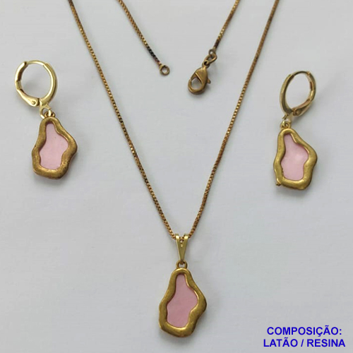 CONJUNTO NO BRUTO PRONTO PARA O BANHO(CX124) - CORRENTE VENEZIANA 45CM E PINGENTE E BRINCOS ARGOLINHAS DE PRESSÃO NUVEM ROSAS 10X17MM - PESO: 6,3GR - BRU14957