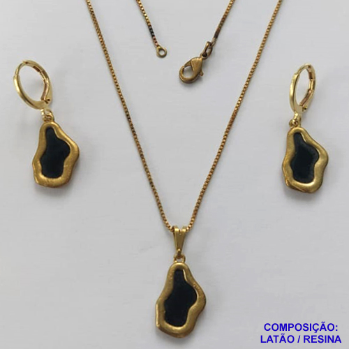 CONJUNTO NO BRUTO PRONTO PARA O BANHO(CX124) - CORRENTE VENEZIANA 45CM E PINGENTE E BRINCOS ARGOLINHAS DE PRESSÃO NUVEM PRETAS 10X17MM - PESO: 6,3GR - BRU14958