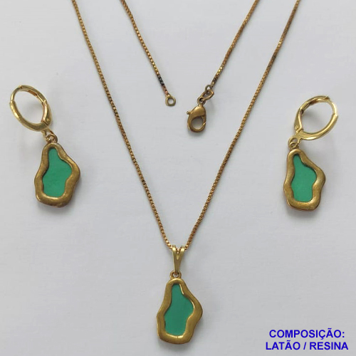 CONJUNTO NO BRUTO PRONTO PARA O BANHO(CX124) - CORRENTE VENEZIANA 45CM E PINGENTE E BRINCOS ARGOLINHAS DE PRESSÃO NUVEM VERDES 10X17MM - PESO: 6,3GR - BRU14959