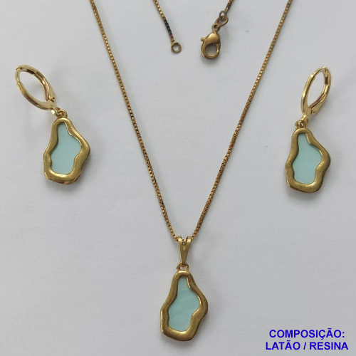 CONJUNTO NO BRUTO PRONTO PARA O BANHO(CX124) - CORRENTE VENEZIANA 45CM E PINGENTE E BRINCOS ARGOLINHAS DE PRESSÃO NUVEM AZUL CLARA 10X17MM - PESO: 6,3GR - BRU14962