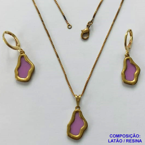 CONJUNTO NO BRUTO PRONTO PARA O BANHO(CX124) - CORRENTE VENEZIANA 45CM E PINGENTE E BRINCOS ARGOLINHAS DE PRESSÃO NUVEM LILÁS 10X17MM - PESO: 6,3GR - BRU14963
