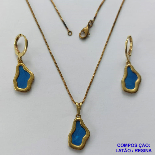 CONJUNTO NO BRUTO PRONTO PARA O BANHO(CX124) - CORRENTE VENEZIANA 45CM E PINGENTE E BRINCOS ARGOLINHAS DE PRESSÃO NUVEM AZUL 10X17MM - PESO: 6,3GR - BRU14964