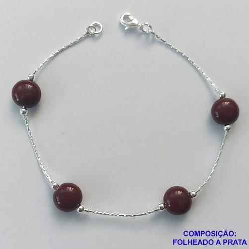 PULSEIRA FOLHEADA A PRATA COM 50 MILÉSIMOS + VERNIZ DIAMOND - PULSEIRA COM PEDRAS DE PORCELANA MARROM - TAMANHO: 18CM + FECHO LAGOSTA PRA425