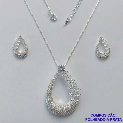 CONJUNTO FOLHEADO A PRATA COM 50 MILÉSIMOS + VERNIZ DIAMOND - CONJUNTO COM CORRENTE VENEZIANA 45CM PINGENTE CRAVEJADO COM MICRO ZIRCÔNIAS 28X42MM - BRINCOS DE PINO COM MICRO ZIRCÔNIAS 12MM - PRA426