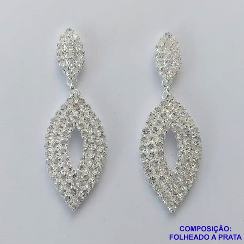 BRINCO FOLHEADA A PRATA COM 50 MILÉSIMOS + VERNIZ DIAMOND - BRINCO DE PINO CRAVEJADO COM MICRO ZIRCÔNIAS 40MM PRA427