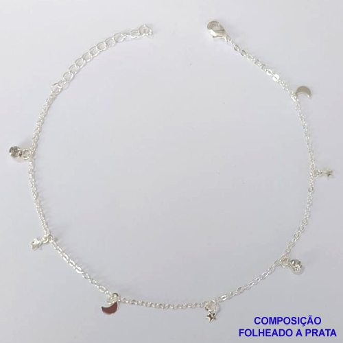 TORNOZELEIRA FOLHEADA A PRATA COM 50 MILÉSIMOS + VERNIZ DIAMOND - TORNOZELEIRA 22CM COM ESTRELA E LUA COM STRASS - FECHO LAGOSTA PRA430