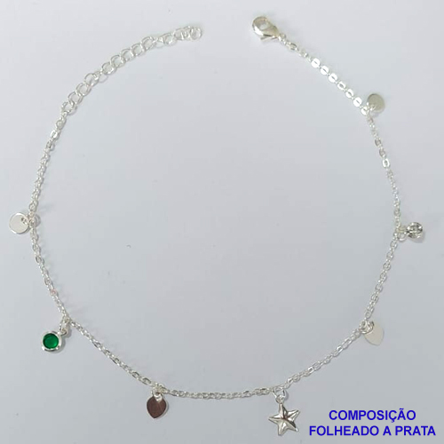 TORNOZELEIRA FOLHEADA A PRATA COM 50 MILÉSIMOS + VERNIZ DIAMOND - TORNOZELEIRA 22CM COM ESTRELA E CORAÇÃO COM STRASS - FECHO LAGOSTA PRA431