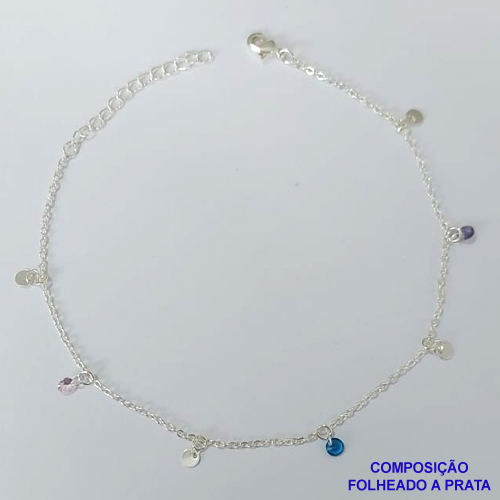 TORNOZELEIRA FOLHEADA A PRATA COM 50 MILÉSIMOS + VERNIZ DIAMOND - TORNOZELEIRA 22CM COM BOLINHAS LISAS E ZIRCÔNIAS COLORIDAS- FECHO LAGOSTA PRA432