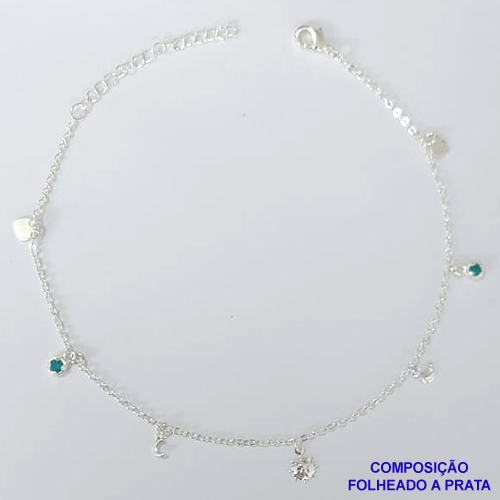 TORNOZELEIRA FOLHEADA A PRATA COM 50 MILÉSIMOS + VERNIZ DIAMOND - TORNOZELEIRA 22CM COM SOL E PEDRAS CRISTAIS VERDE- FECHO LAGOSTA + EXTENSOR PRA433