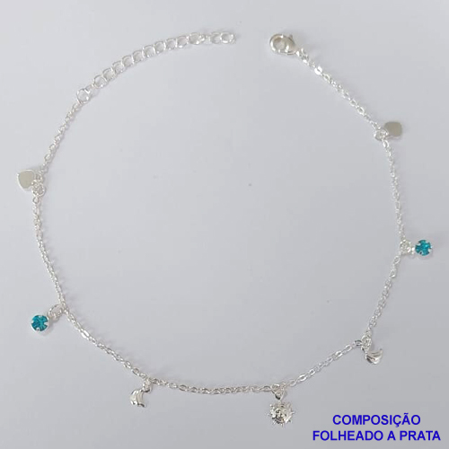 TORNOZELEIRA FOLHEADA A PRATA COM 50 MILÉSIMOS + VERNIZ DIAMOND - TORNOZELEIRA 22CM COM SOL E STRASS AZUÍS - FECHO LAGOSTA + EXTENSOR PRA434