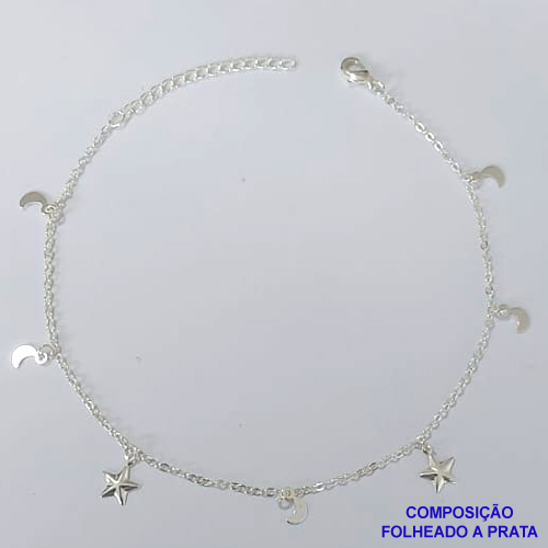TORNOZELEIRA FOLHEADA A PRATA COM 50 MILÉSIMOS + VERNIZ DIAMOND - TORNOZELEIRA 22CM COM ESTRELAS E SOL E LUA - FECHO LAGOSTA + EXTENSOR PRA435