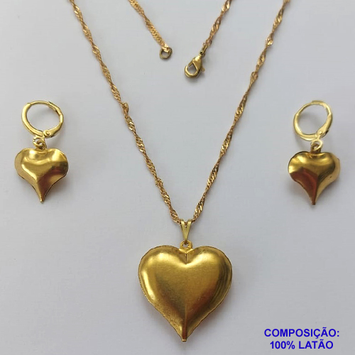 CONJUNTO NO BRUTO PRONTO PARA O BANHO - (CX.127)  CONJUNTO COM CORRENTE SINGAPURA 45CM E BRINCO ARGOLINHA DE PRESSÃO COM CORAÇÃO DUPLO 15MM E PINGENTE CORAÇÃO DUPLO 26MM - PESO: 5,4GR - COMPOSIÇÃO: 100% LATÃO - BRU14988