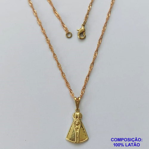 GARGANTILHA NO BRUTO PRONTO PARA O BANHO - (5741) (CX.127)  GARGANTILHA COM CORRENTE SINGAPURA 45CM E PINGENTE NOSSA SRA APARECIDA 16MM - PESO: 1,8GR - COMPOSIÇÃO: 100% LATÃO - BRU14989