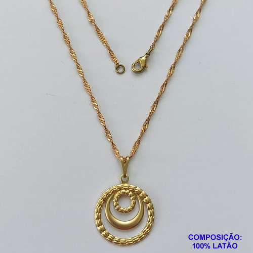 GARGANTILHA NO BRUTO PRONTA PARA O BANHO - (5749) (CX.127)  GARGANTILHA COM CORRENTE SINGAPURA 45CM E PINGENTE REDONDO VAZADO 20MM - PESO: 2,6GR - COMPOSIÇÃO: 100% LATÃO - BRU14991