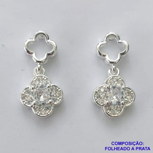 BRINCO FOLHEADA A PRATA COM 50 MILÉSIMOS + VERNIZ DIAMOND - BRINCO DE PINO VAN CLEEF COM MICRO ZIRCÔNIAS 20MM PRA436